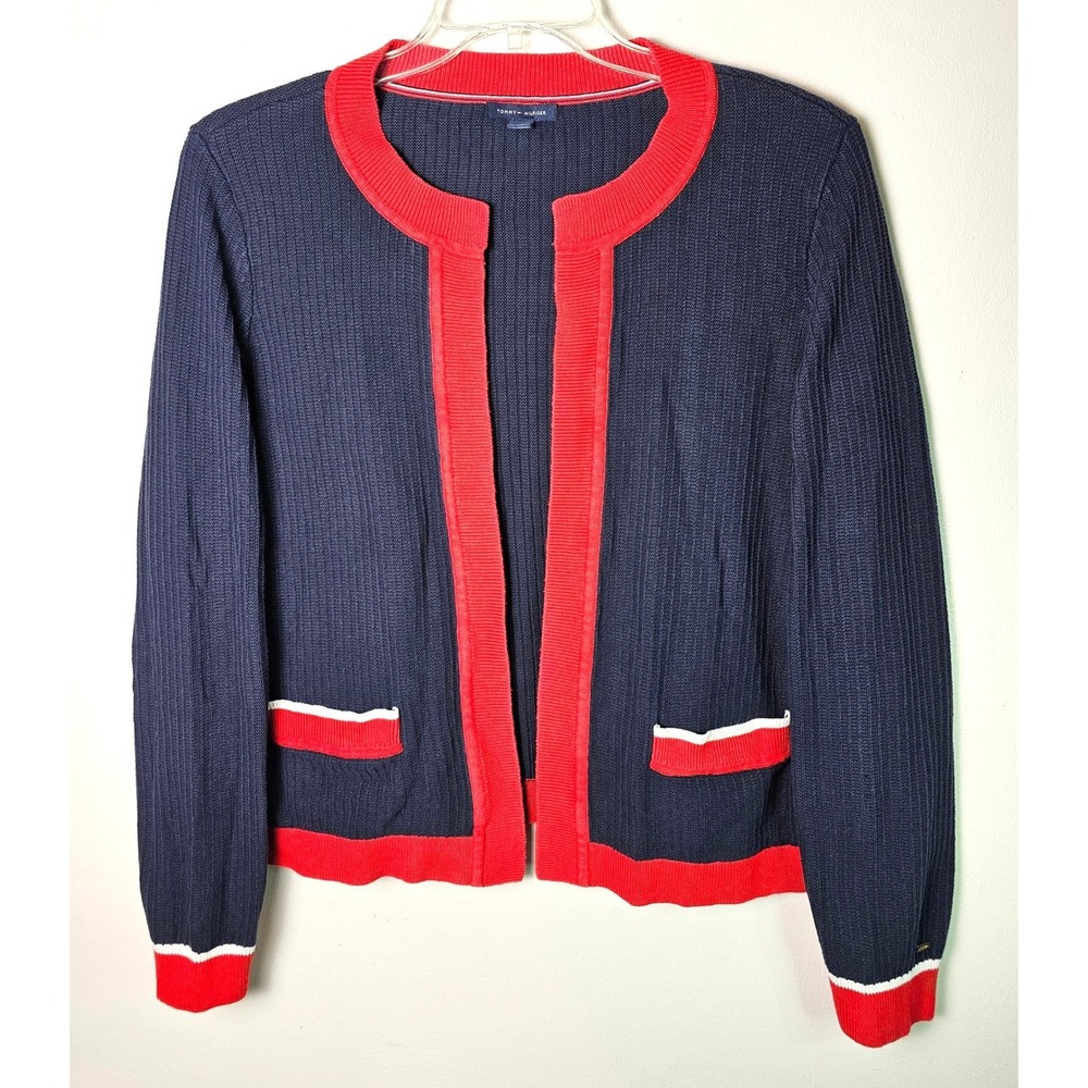 Tommy Hilfiger Womens Navy Blue Red Trim Open Front Cardigan Sweater Large